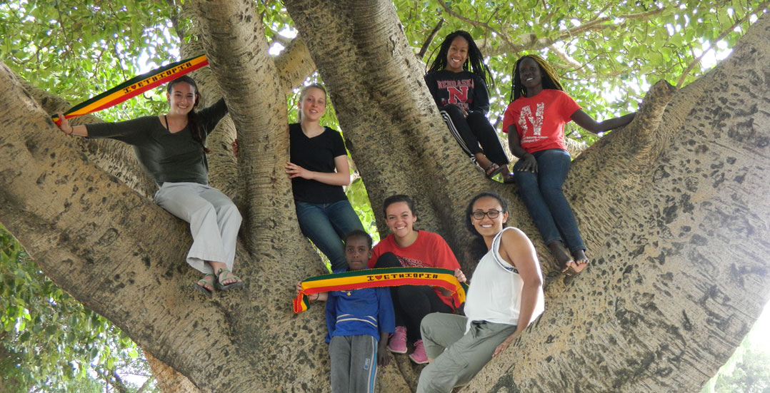 students and children in a tree in Ethiopia